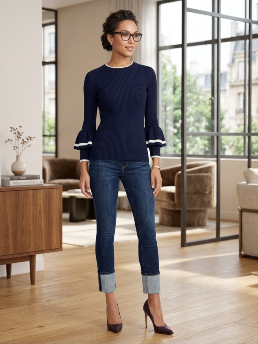 Frame Dark Blue Three-quarter Length Ruffle Sleeves Casual Workwear Sweater
